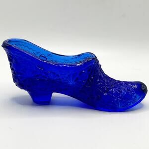 Vintage Fenton Cobalt Blue Daisy Button Pressed Art Glass Slipper/ Shoe EUC